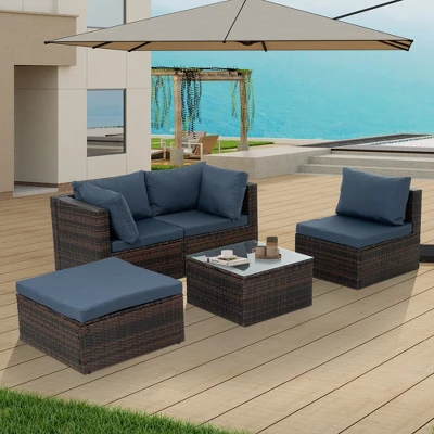 Syemin 5PCS Patio Seating Rattan Furniture Set Sectional Sofa Cushioned Garden, Tempered Glass Table, Blue, 28.94"*28.55"*24.8" 2 Syemin 5PCS Patio Seating Rattan Furniture Set Sectional Sofa Cushioned Garden, Tempered Glass Table, Blue, 28.94"*28.55"*24.8" - Image 2
