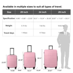 Syemin Luggage 3 Piece Set Suitcase Spinner Hardshell Lightweight TSA Lock Luggage Sets ABS Hardshell 3pcs Luggage, Pink, 20.87"*11.61"*30.31"