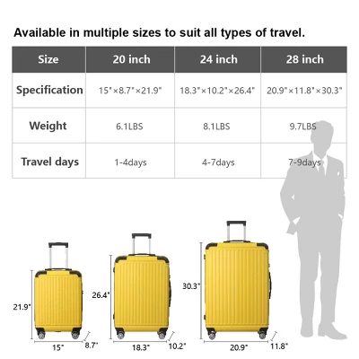 Syemin Luggage Lightweight 3 PCS Premium Abs Luggage Set Suitcase Set With Silent Spinner Wheels Carry On Luggage, Yellow, 20.87"*11.81"*30.31" 2 Syemin Luggage Lightweight 3 PCS Premium Abs Luggage Set Suitcase Set With Silent Spinner Wheels Carry On Luggage, Yellow, 20.87"*11.81"*30.31" - Image 2