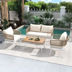 Syemin Patio Seating Sets, Comfortable Seating Set, Designed For Tranquil Backyard Relaxation, Ideal For Entertaining, Beige, 51.2"*27.8"*28"