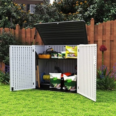 Syemin Storage Shed, Waterproof Storage Shed, Double Shelves For Cleaning Tools And Garden Accessories, Brown, 53.2"*34.3"*47.1" 6 Syemin Storage Shed, Waterproof Storage Shed, Double Shelves For Cleaning Tools And Garden Accessories, Brown, 53.2"*34.3"*47.1" - Image 6