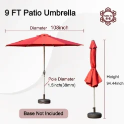 Syemin Outdoor Patio Umbrella With 8 Sturdy Ribs, Push Button Tilt And Crank, Waterproof, UV-Resistant Uitable For Garden, Red, 108"*108"*94.44"