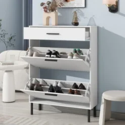 Syemin Shoe Racks Shoe Cabinet, Freestanding Shoe Rack Storage Organizer, Modern Shoe Storage Cabinet With 2 Flip Drawers, White, 31.5"*9.84"*43.3"
