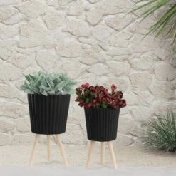 Syemin Planters Ridged Planter With Wood Legs, Decorative Plant Pots For Living Room, Garden, Balcony, Home Decor, Black 19"*19"*19" -Furniture GUEST 1cd6dc50 0d38 4882 9c07 7a9f10254fd2