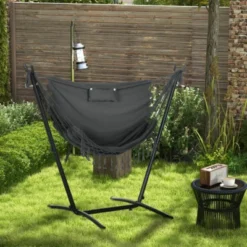 Syemin Patio Swings Outsunny Patio Hammock Chair With Stand, Outdoor Hammock Swing Hanging Lounge Chair With Headrest, Gray, 66.9"*43.3"*59.1"