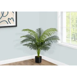 Syemin Artificial Plant Palm Tree Indoor Floor Greenery Potted Real Touch Decorative Green Leaves Black Pot, Green, 12"*12"*12.5"