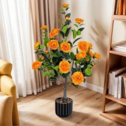 Syemin Artificial Plants Artificial Camellia Tree Faux Camellia Plant Greenery Potted Plant For Indoor Outdoor Office, Black,Green,Orange,