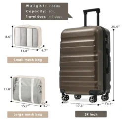 Syemin Luggage Hardshell ABS Luggage Set, 24-Inch Checked Suitcase Spinner Wheels, Lightweight Travel Luggage With 2 Bags, Brown, 14.2"*9.4"*20.9" -Furniture GUEST 32b3d52e f918 4aba b658 8616db49a9b3