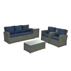 Syemin 5PCS Patio Seating Rattan Furniture Set Sectional Sofa Cushioned Garden, Tempered Glass Table, Blue, 67.5"*24.2"*29.7" -Furniture GUEST 33935a92 1b17 486c 99d1 cde84b4e8c54