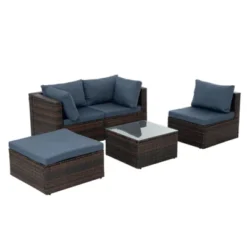 Syemin 5PCS Patio Seating Rattan Furniture Set Sectional Sofa Cushioned Garden, Tempered Glass Table, Blue, 28.94"*28.55"*24.8" 9 Syemin 5PCS Patio Seating Rattan Furniture Set Sectional Sofa Cushioned Garden, Tempered Glass Table, Blue, 28.94"*28.55"*24.8" -Furniture GUEST 378abd23 a813 4388 9d76 f2dd6d13d241