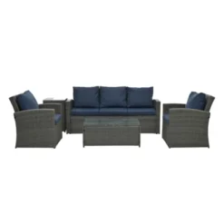 Syemin 5PCS Patio Seating Rattan Furniture Set Sectional Sofa Cushioned Garden, Tempered Glass Table, Blue, 67.5"*24.2"*29.7" -Furniture GUEST 3ad6ef8a fc7f 49dc a537 48aed4665daf