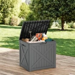 Syemin Deck Box, 32GAL Outdoor Storage Box, Patio Gardening Tools, Water And UV Resistant For Patio, Garden, Lawn, Black, 22.05"*17.13"*20.87"