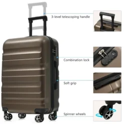 Syemin Luggage Hardshell ABS Luggage Set, 24-Inch Checked Suitcase Spinner Wheels, Lightweight Travel Luggage With 2 Bags, Brown, 14.2"*9.4"*20.9"
