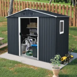 Syemin Storage Sheds 8ft X 4ft Outdoor Metal Storage Shed With Window And Metal Foundation For Backyard, Patio, Lawn, Black, 89"*47"*74.75"