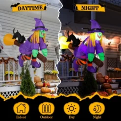 Syemin Decorative Holiday Scene Props Halloween Inflatable Witch Riding Broom Outdoor Decor, Scary Blow Up Decor, Multicolored, 15.7"*55.1"*47.2"