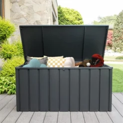 Syemin Deck Boxes Garden Large Patio Storage, For Furniture, Outside Cushions And Garden Tools, Bench, Easy To Assemble，Black, 49.41"*24.69"*27.56"