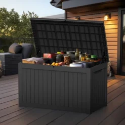 Syemin Deck Box, 230GAL Outdoor Storage Box, Patio Gardening Tools, Water And UV Resistant For Patio, Garden, Lawn, Black, 56.3"*31.1"*32"