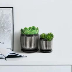 Syemin Planters Vertical Lines Planter With Saucer, Decorative Plant Pots For Living Room, Garden, Balcony, Home Decor, Black 10"*10"*10" -Furniture GUEST 503ee354 76a6 4aa3 8d7b e5d0c9dbeaaf