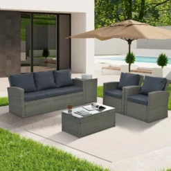 Syemin 5PCS Patio Seating Rattan Furniture Set Sectional Sofa Cushioned Garden, Tempered Glass Table, Black, 67.5"*24.2"*29.7" -Furniture GUEST 54867d00 cbd9 43e5 bfa7 ab00de666711