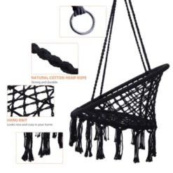 Syemin Patio Swings Black Swing, Hammock Chair Macrame Swing, Hanging Cotton Rope Hammock Swing Chair For Indoor And Outdoor, Black, 31.5"*23.6"*47.2"