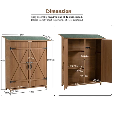 Syemin 31ft³ Outdoor Storage Sheds, Vertical Tall Tool Shed With Lockable Door, Waterproof Roof For Patio, Backyard And Lawn, Brown, 56"*15"*64" 1 Syemin 31ft³ Outdoor Storage Sheds, Vertical Tall Tool Shed With Lockable Door, Waterproof Roof For Patio, Backyard And Lawn, Brown, 56"*15"*64"