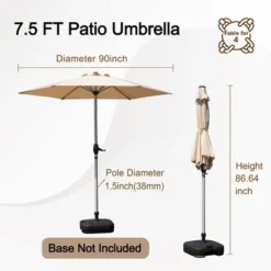 Syemin Outdoor Patio Umbrella With 6 Sturdy Ribs Push Button Tilt And Crank Waterproof UV-Resistant Uitable For Garden, Beige, 90"*90"*86.64"