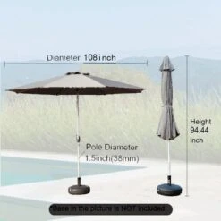 Syemin Outdoor Patio Umbrella With 8 Sturdy Ribs, Push Button Tilt And Crank, Waterproof, UV-Resistant Uitable For Garden, Gray, 108"*108"*94.44"