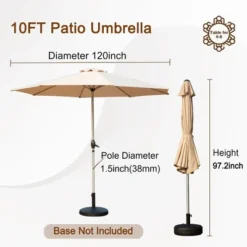 Syemin Outdoor Patio Umbrella With 8 Sturdy Ribs, Push Button Tilt And Crank, Waterproof, UV-Resistant Uitable For Garden, Beige, 120"*120"*97.2"