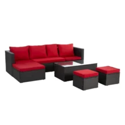 Syemin 7PCS Patio Seating Rattan Furniture Set Sectional Sofa Cushioned Garden, Tempered Glass Table, Red, 98.4"*28.3"*26.7" -Furniture GUEST 661cadab 5084 4260 9b6b 5bcf75bbb82b