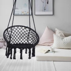 Syemin Patio Swings Black Swing, Hammock Chair Macrame Swing, Hanging Cotton Rope Hammock Swing Chair For Indoor And Outdoor, Black, 31.5"*23.6"*47.2" -Furniture GUEST 66213350 7c02 4aee 9d1d 65dda82ff722