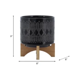 Syemin Planters Ceramic Planter On Wood Stand, Decorative Plant Pots For Living Room, Garden, Balcony, Home Decor, Black 12"*12"*13" -Furniture GUEST 68b9c83a 5f8d 46e1 9c93 732f38dcc9b2