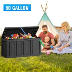 Syemin Deck Box, 80GAL Outdoor Storage Box, Patio Gardening Tools, Water And UV Resistant For Patio, Garden, Lawn, Black, 46.26"*18.7"*23.23"