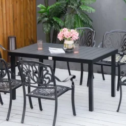 Syemin Patio End Table, Rectangular Outdoor Dining Table With All-Weather Faux Wood Top For Garden, Lawn, Patio, Black, 55"*35.5"*29.25" -Furniture GUEST 6c8f8915 c7ea 48bc ab7c 98285da0faf1