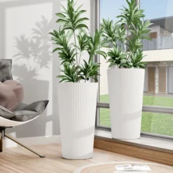 Syemin Self Watering Symphony Square Planter 2PCS, 13" Wide X 23.6" Tall, Cone Striped Plastic Flower Pot -Furniture GUEST 6e1c500a a2a8 4520 8eda cc4cd1db1568