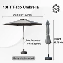Syemin Outdoor Patio Umbrella With 8 Sturdy Ribs, Push Button Tilt And Crank, Waterproof, UV-Resistant Uitable For Garden, Gray, 120"*120"*97.2"