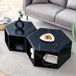 Syemin End Tables, Modern Hexagonal Coffee Table With Storage Space, Suitable For Living Room, Study Room, Bedroom, Black, 25"*21.6"*14"
