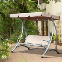 Syemin Patio Swings 3-Seat Outdoor Porch Swing Chair,with Adjustable Canopy, Breathable Seat, And Steel Frame, Beige, 77.25"*45.75"*67.75"