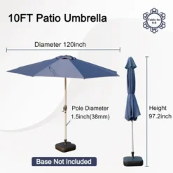 Syemin Outdoor Patio Umbrella With 8 Sturdy Ribs, Push Button Tilt And Crank, Waterproof, UV-Resistant Uitable For Garden, Blue, 120"*120"*97.2"