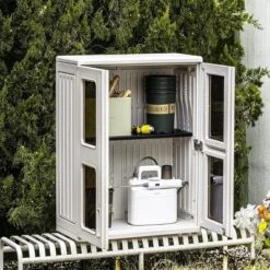 Syemin Outdoor Storage Shed, Vertical Tall Tool Shed With Five Shelves, Lockable Door For Patio, Backyard And Lawn, White, 28.9"*13.3"*30.1" 9 Syemin Outdoor Storage Shed, Vertical Tall Tool Shed With Five Shelves, Lockable Door For Patio, Backyard And Lawn, White, 28.9"*13.3"*30.1" -Furniture GUEST 7b5ded70 2abb 40da b69a 97d4efd14f1a