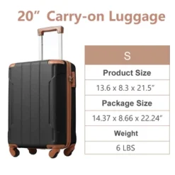 Syemin Luggage Hardshell Luggage Lightweight Durable ABS Suitcases With Double Wheels Expandable 20" Checked Travel Luggage, Brown, 13.6"*8.3"*21.5"