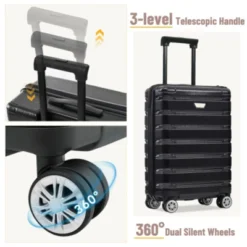 Syemin Luggage Hardshell Luggage Set 3 Piece Durable ABS And PC Travel Suitcase With Spinner Wheels For Men Women, Black, 19.5"*11.3"*29.4"