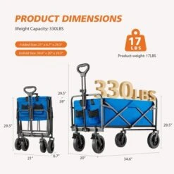 Syemin Trolley And Lawn Cart, 400L Foldable Garden Cart, Large Capacity, Suitable For Beach, Camping, Shopping Garden, Blue, 34.5" * 20" * 29.5"