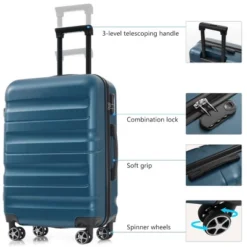 Syemin Luggage Hardshell ABS Luggage Set, 24-Inch Checked Suitcase Spinner Wheels, Lightweight Travel Luggage With 2 Bags, Blue, 14.2"*9.4"*20.9"