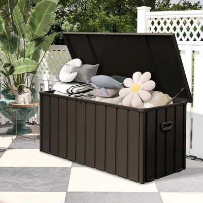 Syemin Deck Boxes Garden Large Patio Storage, For Furniture, Outside Cushions And Garden Tools, Bench, Easy To Assemble,Brown, 49.41"*24.69"*23.43" 2 Syemin Deck Boxes Garden Large Patio Storage, For Furniture, Outside Cushions And Garden Tools, Bench, Easy To Assemble,Brown, 49.41"*24.69"*23.43" - Image 2