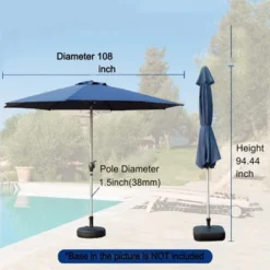 Syemin Outdoor Patio Umbrella With 8 Sturdy Ribs, Push Button Tilt And Crank, Waterproof, UV-Resistant Uitable For Garden, Blue, 108"*108"*94.44"