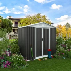 Syemin Storage Sheds 6'x4' Outdoor Metal Storage Shed For Garden Tools Lockable Door With Lockable Door Floor Frame, Gray, 74.5"*45.3"*72.2" -Furniture GUEST 904d6d1b ec1e 4413 a3cf 75ae149faef8