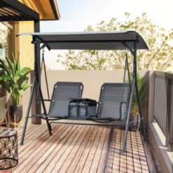 Syemin Patio Swings 2-Seat Patio Swing Chair, Outdoor Canopy Swing Glider With Storage Table, Seat Suspension, Gray, 69.25"*43.25"*64.5"