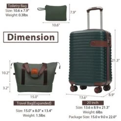 Syemin Luggage Luggage 20 Inch Sets 3 Piece Carry On Luggage Lightweight Hardshell ABS Suitcases With Wheels, Green, 13.6"*9"*21.3"