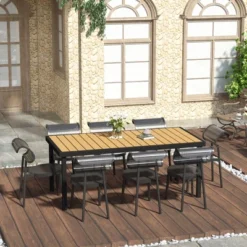 Syemin Patio End Table, Rectangular Outdoor Dining Table With All-Weather Faux Wood Top For Garden, Lawn, Patio, Brown, 74.75"*35.5"*29.25" -Furniture GUEST 95c42011 16dd 4711 a88b 59fa10e0dcfa