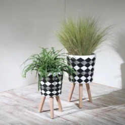 Syemin Planters Diamond Checkered Flower Pot With Wood Legs, Decorative Plant Pots For Living Room, Garden, Balcony, Home Decor, Black 19"*19"*19" -Furniture GUEST 9630963f 9c91 4531 b986 7b0e421daba8